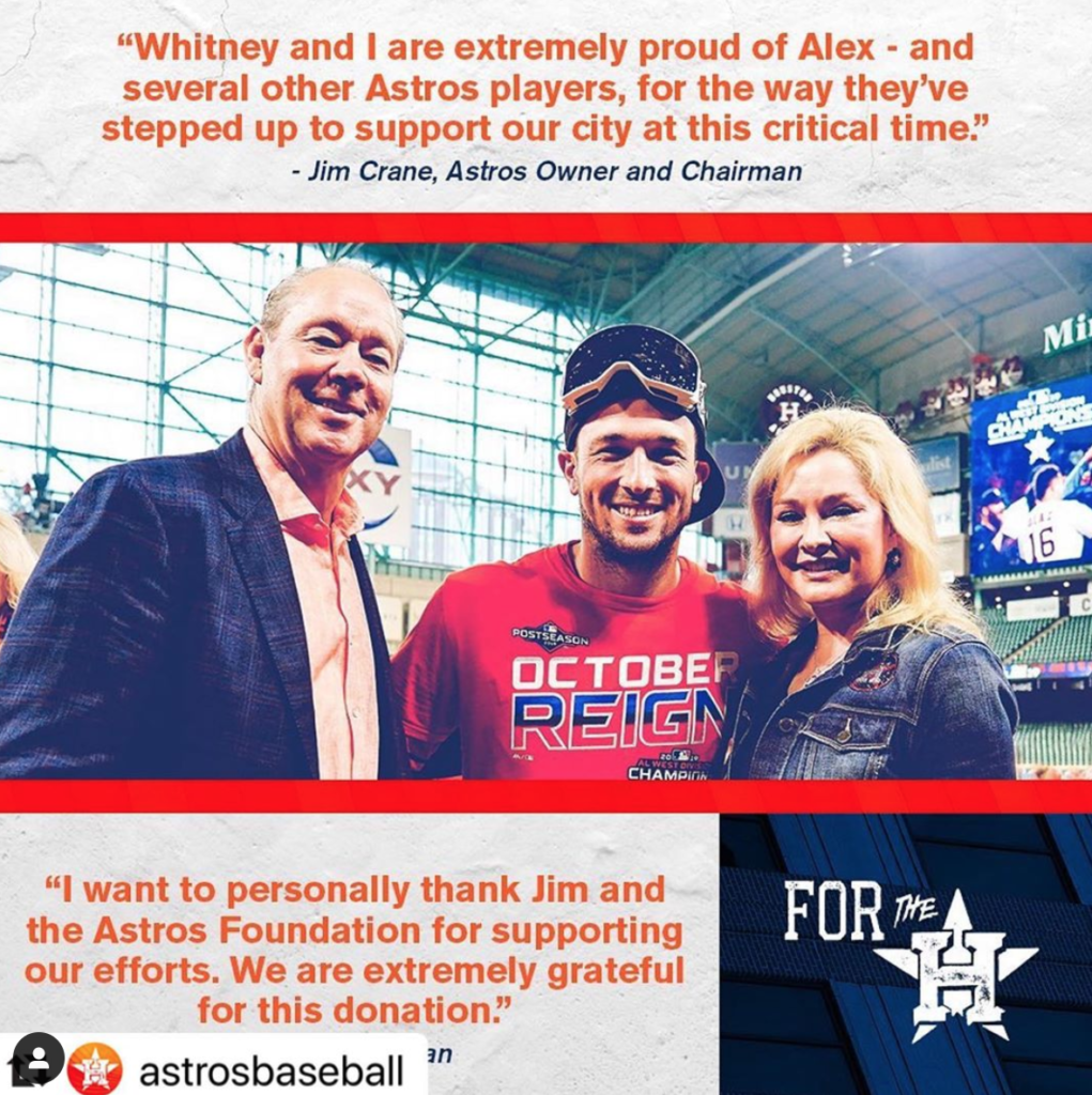 A shout out to Whitney and Jim Crane for their contribution to Alex Bregman's Houston Food Bank campaign. (Instagram photo)