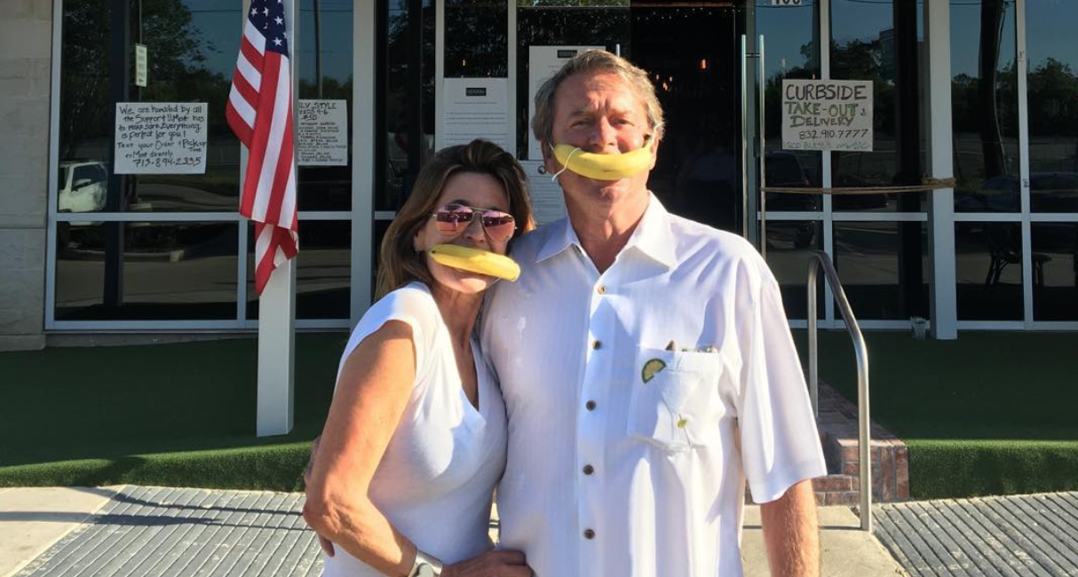 Annie Amante and Bennett Blocker in their ‘banana’ face masks at Federal American Grill.