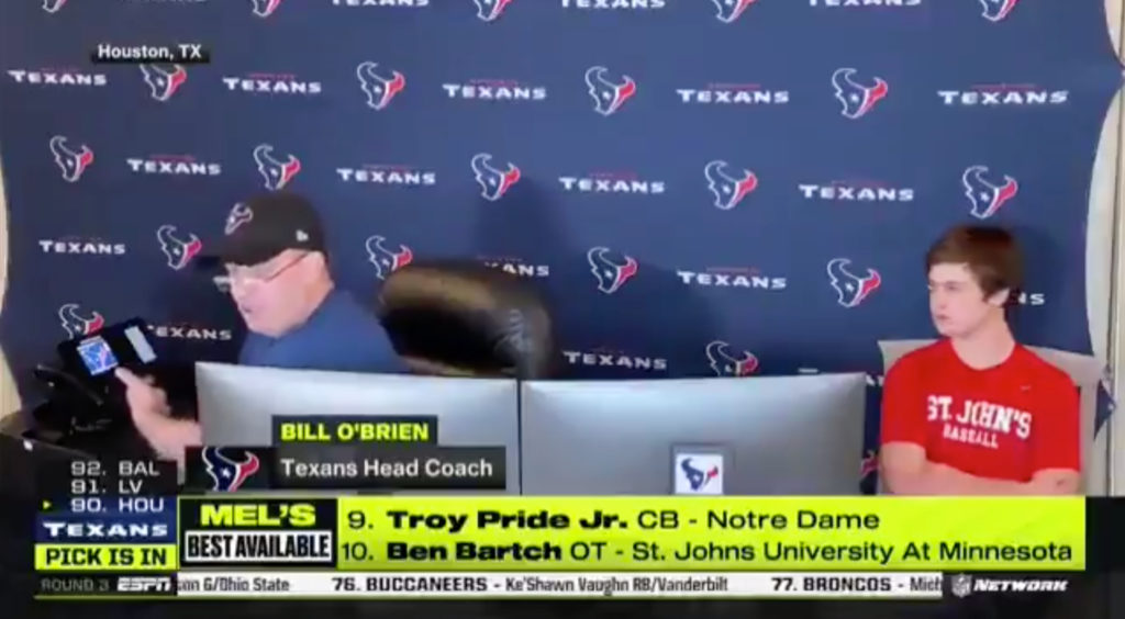 Houston Texans coach Bill O'Brien's son Michael represented St. John's during the NFL's virtual draft. 