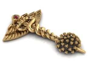 The ‘Defeating the Virus’ pin created by Franco Valobra of Valobra Master Jewelers in Houston and New Orleans.