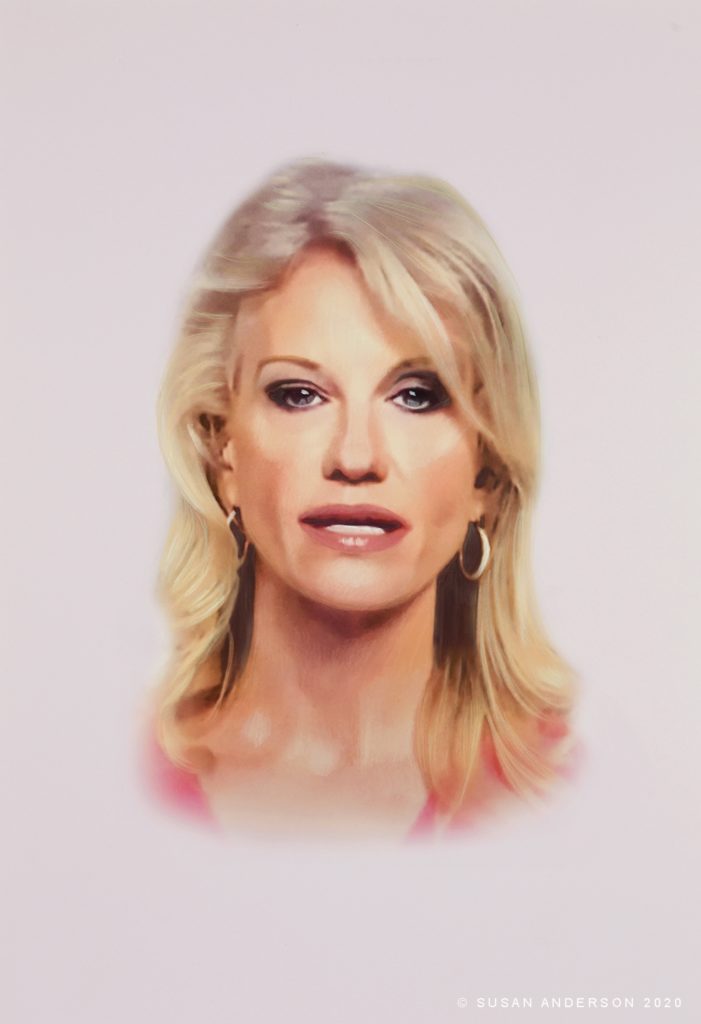 Susan Anderson's "Kellyanne Conway, Senior Counselor to the President," 2020, at Bill Arning Exhibitions. Available: $2,500. 