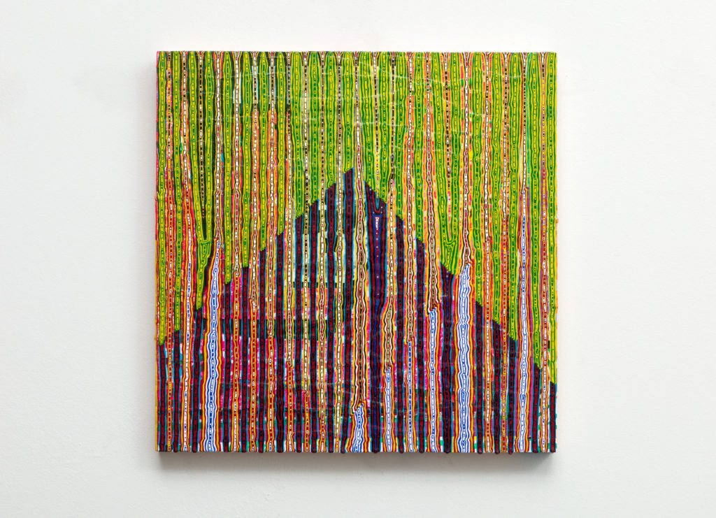 British-born painter Steven Charles has migrated between Texas and New York, and now calls Dallas home. The Pollock-Krasner Grant recipient characterizes his canvases as“schizophrenic monochromes.”  Up for auction, "pyofmapl," 2017. (Courtesy the artist and Cris Worley Fine Arts, Dallas)  