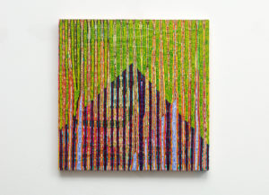 British-born painter Steven Charles has migrated between Texas and New York, and now calls Dallas home. The Pollock-Krasner Grant recipient characterizes his canvases as“schizophrenic monochromes.”  Up for auction, “pyofmapl,” 2017. (Courtesy the artist and Cris Worley Fine Arts, Dallas)