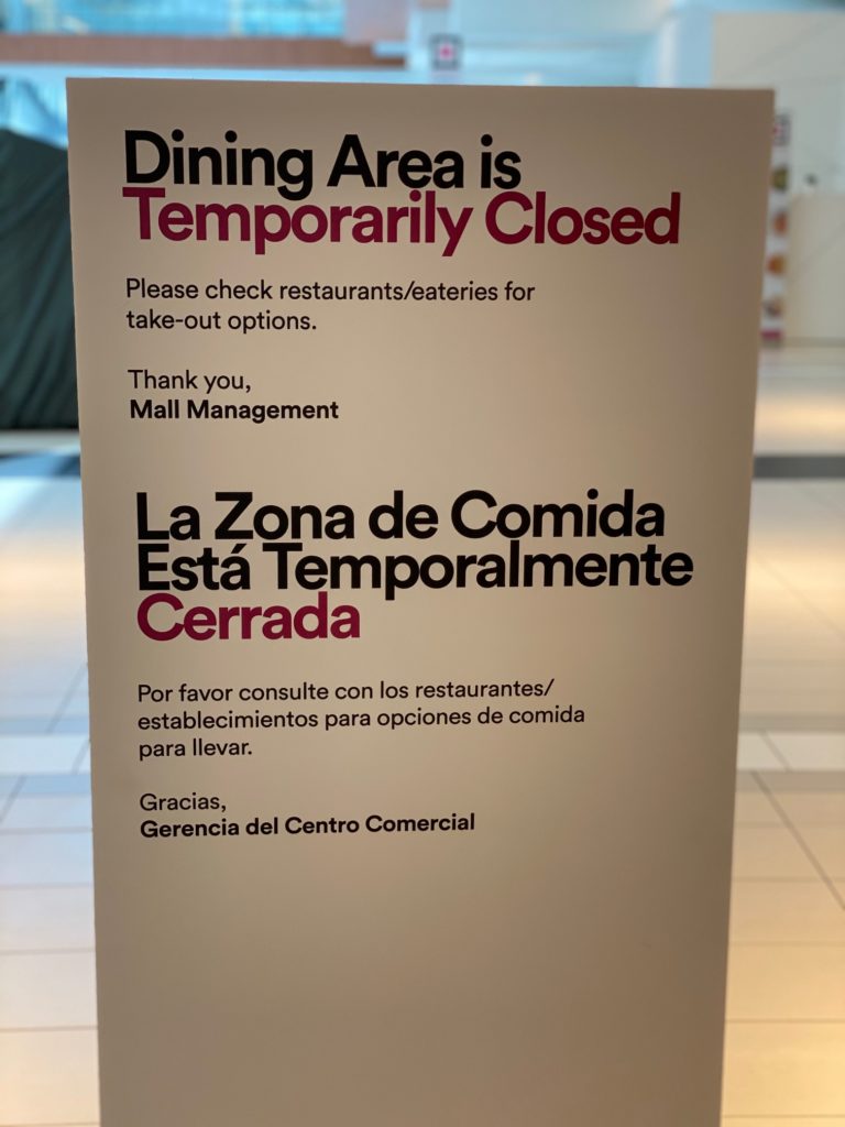 The food court in The Galleria is offering take-out only. General seating has been removed while the full scale restaurants are open to 25 percent capacity. (Photo by Shelby Hodge)