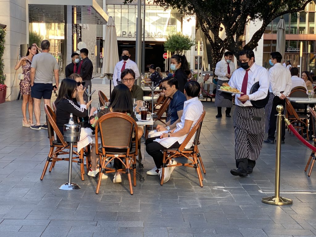 As is typical on a weekend, guests flock to outdoor dining at Toulouse in River Oaks District, even with tables limited to 25 percent of normal capacity. (Photo by Shelby Hodge)