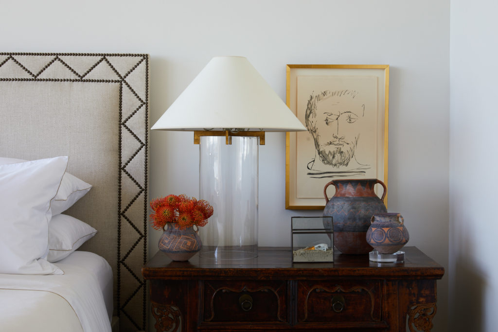 Lamp designed by J. Randall Powers for Visual Comfort. Neolithic-era pottery. Ceramic bird skull with gilded beak in glass box. Pablo Picasso sketch.

 (Photo by Pär Bengtsson)