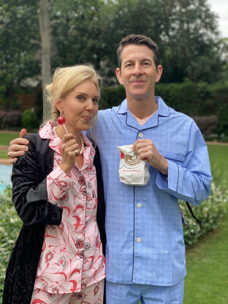 Amber & Clay Bretches don their fashionable pajamas for the JDRF Houston virtual gala. Love the Shipley's Do-Nuts!(Photo by Barbara Perlick)