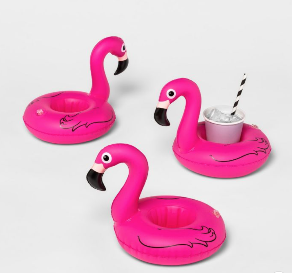 Whimsical drink floats from Target in the shape of flamingos can enliven any pool party.