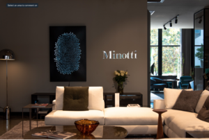 Pedigreed Italian design brand Minotti is paired with an LED-illuminated light box by Italian artist Andrea Bianconi, represented by Barbara Davis Gallery, which curated this pop-up exhibition on view at CAM Studio through August 12, 2020. (Photo by Krzysztof Kwiatkowski)