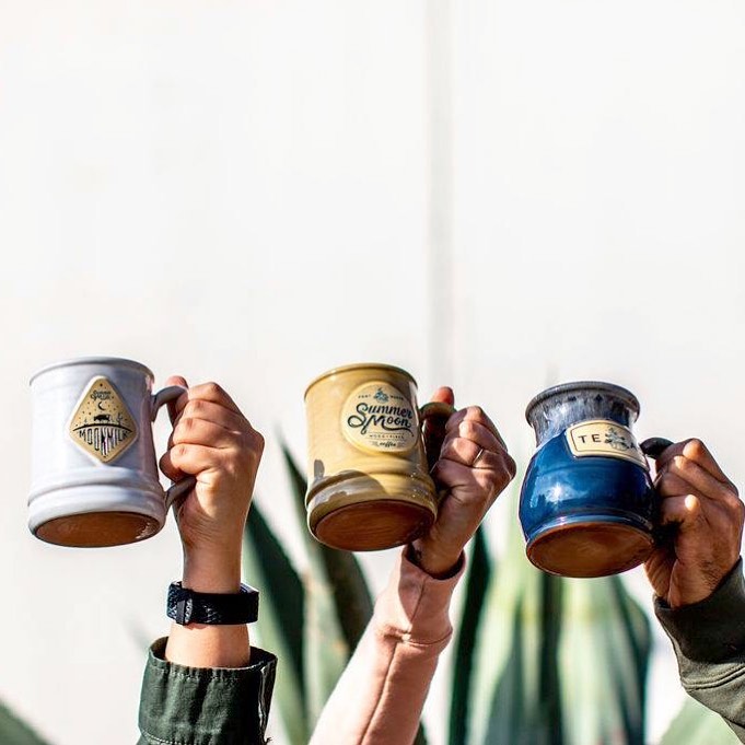 Take home Summer Moon fire roasted coffee beans and these mugs to home brew.