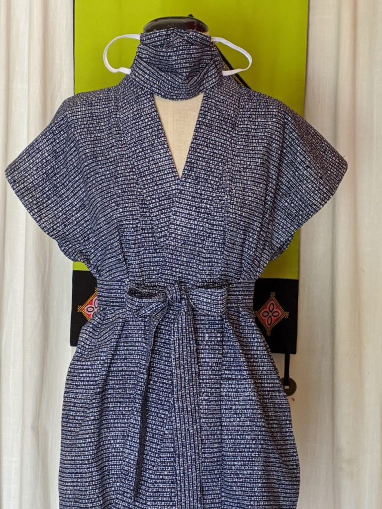 Kimono Zulu reimagined vintage indigo-print sleeveless yukata with matching mask and belt