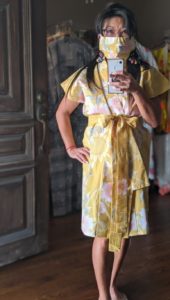 Tina Zulu of Kimono Zulu styling sleeveless yukata made from Japanese cotton with matching mask and belt