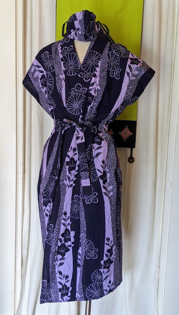 Kimono Zulu reimagined vintage indigo-and-purple floral sleeveless yukata with matching mask and belt