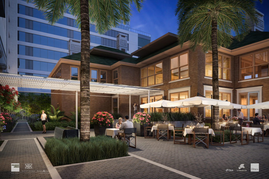 Al fresco dining at the refreshed La Colombe d'Or Hotel, reopening winter 2021 in the heart of Montrose and the Houston Museum District. (Rendering courtesy of Munoz + Albin Architecture & Planning)