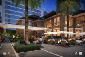 Al fresco dining at the refreshed La Colombe d’Or Hotel, reopening Fall 2020 in the heart of Montrose and the Houston Museum District. (Rendering courtesy of Munoz + Albin Architecture & Planning)