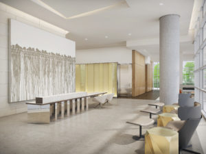 The reception desk at The Residences at La Colombe d’Or features Troy Stanley’s “Nom de Plume,” 2020. Curated for the space by Rottet Studio’s Lauren Rottet, Troy Stanley is a Houston talent represented by Barbara Davis Gallery. (Rendering courtesy of Rottet Studio)