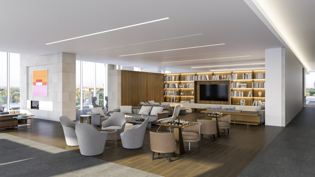 The Residences at La Colombe d'Or's 10th-floor amenity social lounge promises to be a compelling gathering spot. (Rendering courtesy of Rottet Studio) 