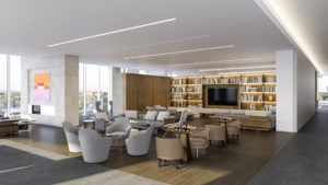 The Residences at La Colombe d’Or’s 10th-floor amenity social lounge promises to be a compelling gathering spot. (Rendering courtesy of Rottet Studio)