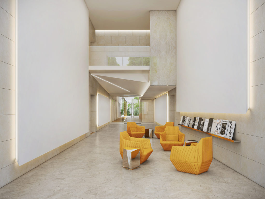 The Residences at La Colombe d'Or's light-washed gallery connects the new tower lobby with the historic mansion hotel. (Rendering courtesy of Rottet Studio)