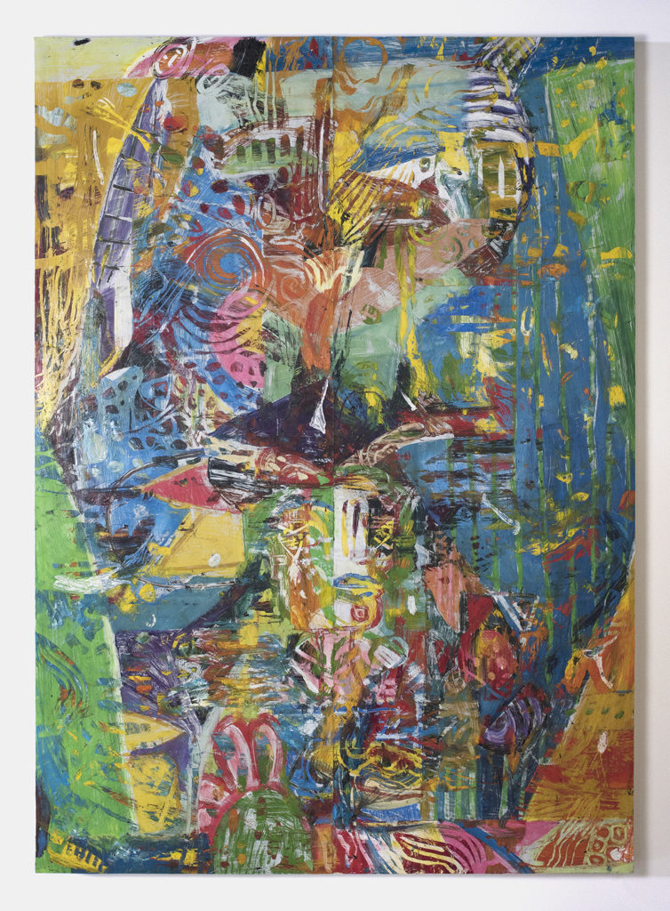 Angel Otero's "Eternal Shore," 2019, oil paint and fabric collaged on canvas, courtesy Lehmann Maupin Gallery