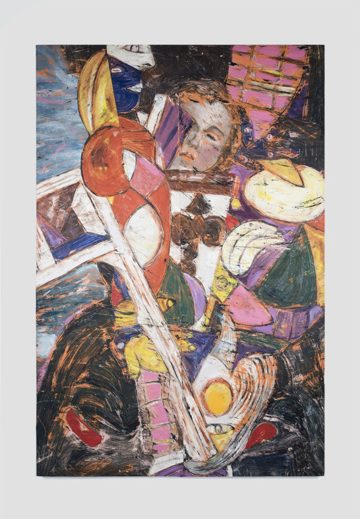 Angel Otero's "Chamber of Reflection," 2019, oil paint and fabric collaged on canvas, courtesy Lehmann Maupin Gallery