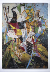 Angel Otero’s “Gemini,” 2019, oil paint and fabric collaged on canvas, courtesy Lehmann Maupin