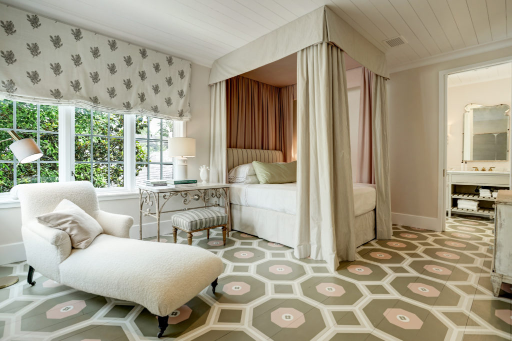 This Secondary Bedroom in the Milieu Designer Showhouse(designed by Eleanor Cummings) adds charm and sophisticated design with a geometric, painted wood floor by Segreto.