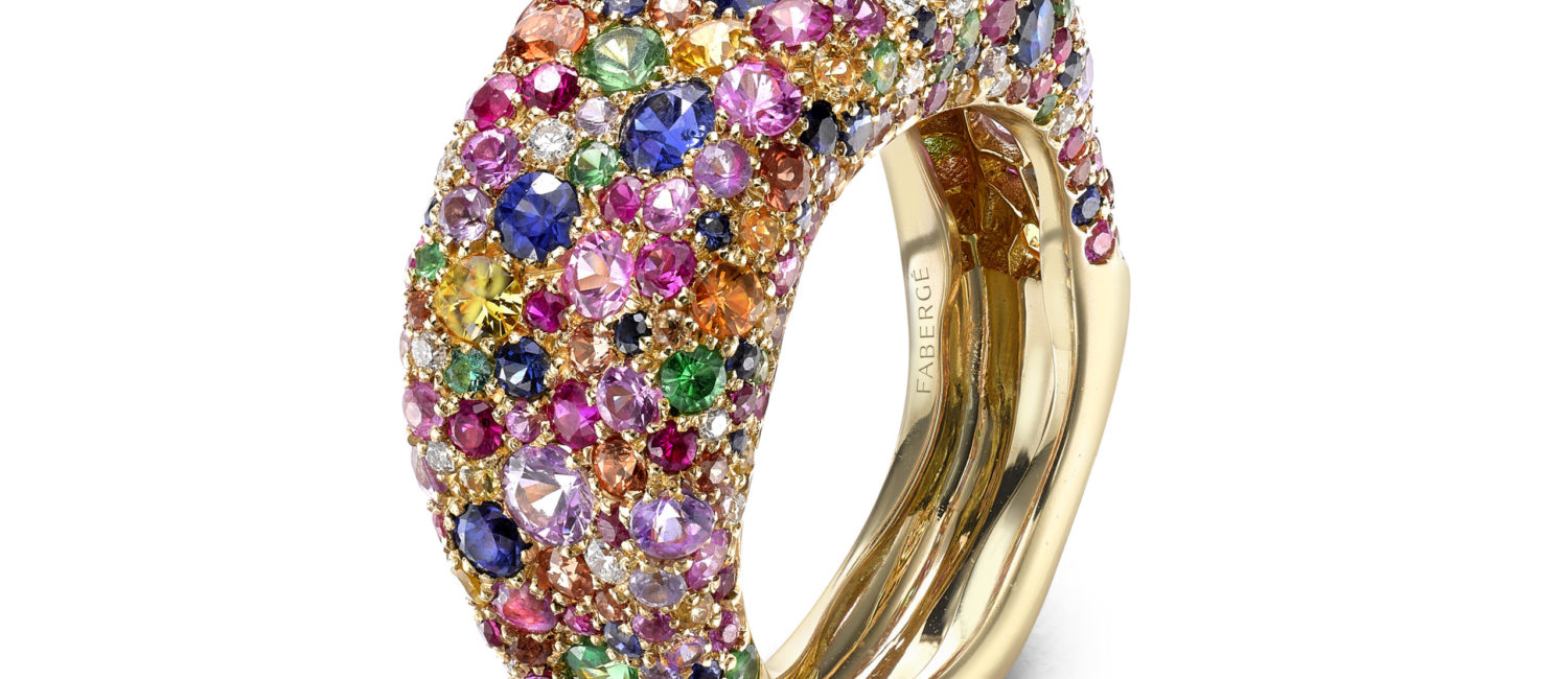 Faberge – Emotion multi-colored cluster ring encrusted with sapphires, white diamonds, rubies, tsavorites and emeralds, set in 18 karat yellow gold.