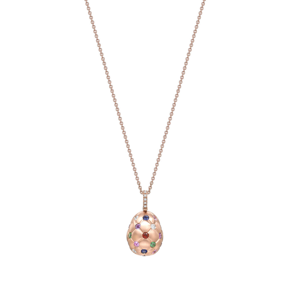 Faberge – Treillage Multi-coloured Rose Gold Pendant features round white diamonds, rubies, amethysts, pink and blue sapphires, tsavorites and fire opals, set in 18 karat brushed rose gold.