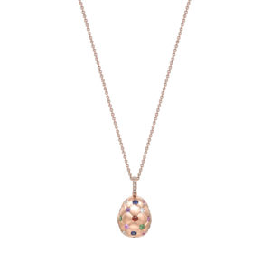 Faberge – Treillage Multi-coloured Rose Gold Pendant features round white diamonds, rubies, amethysts, pink and blue sapphires, tsavorites and fire opals, set in 18 karat brushed rose gold.