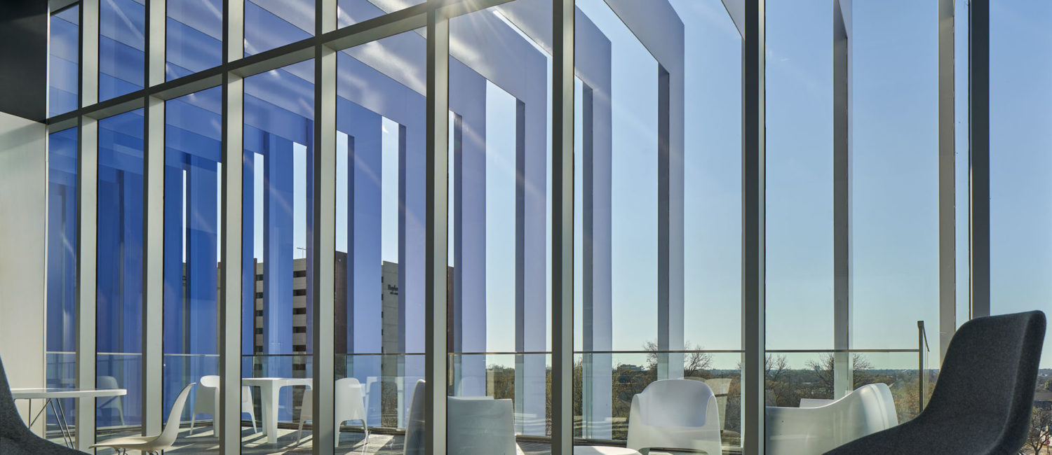 Hotel Revel view of the blue steel louvers from The Corner King suite