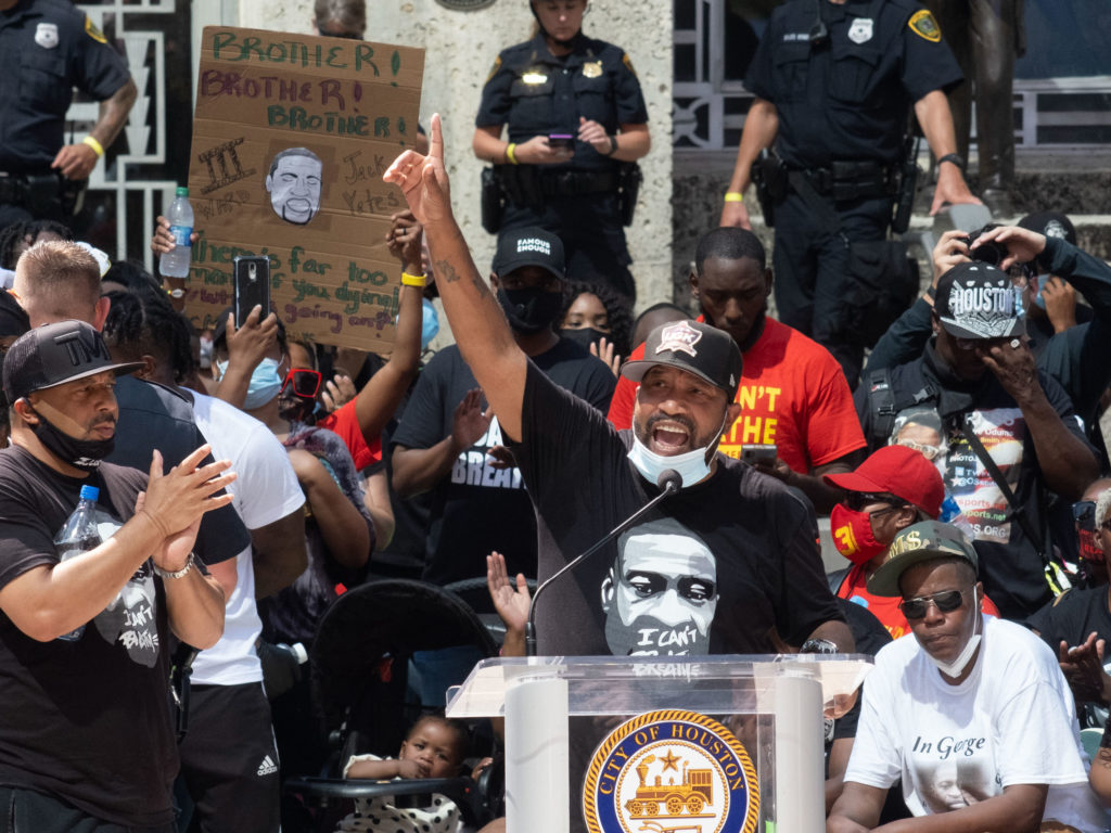 Rap artist Bun B shouts out the name of George Floyd during the Houston March For George Floyd. (Photo by F. Carter Smith)