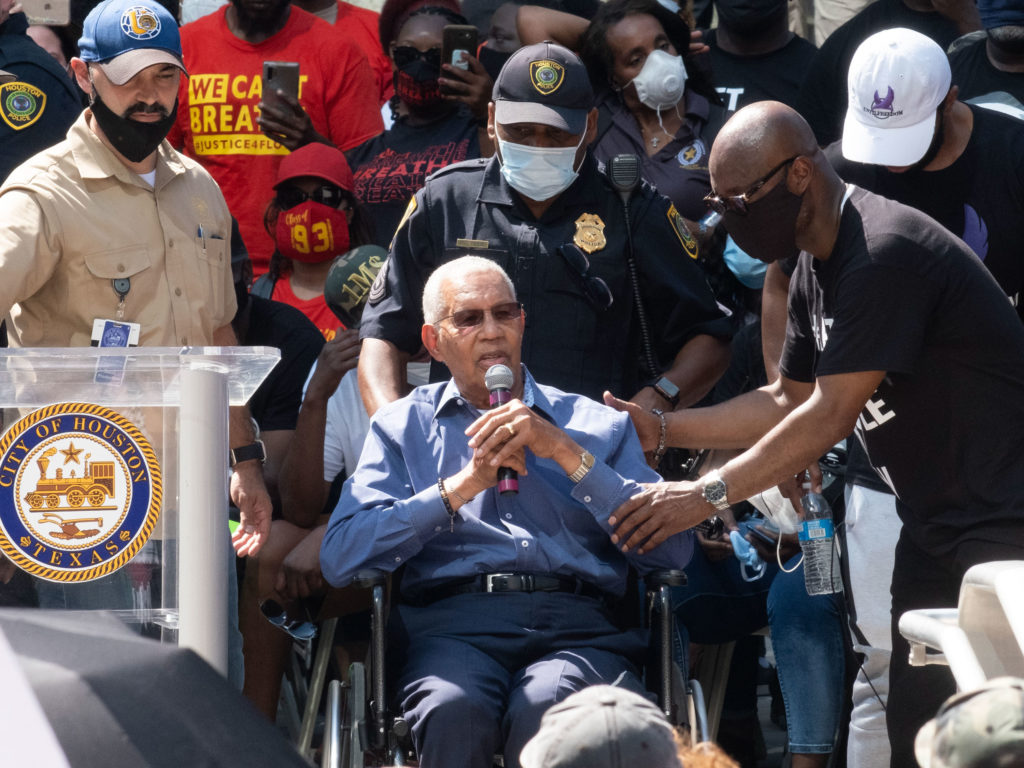 The Rev. William Lawson, 91, former pastor of Wheeler Avenue Baptist Church, who marched with the Rev. Martin Luther King, said he was uplifted by the response to George Floyd’s death and called for people to vote Donald Trump out of office, during a 10-minute speech a the Houston March For George Floyd. (Photo by F. Carter Smith)