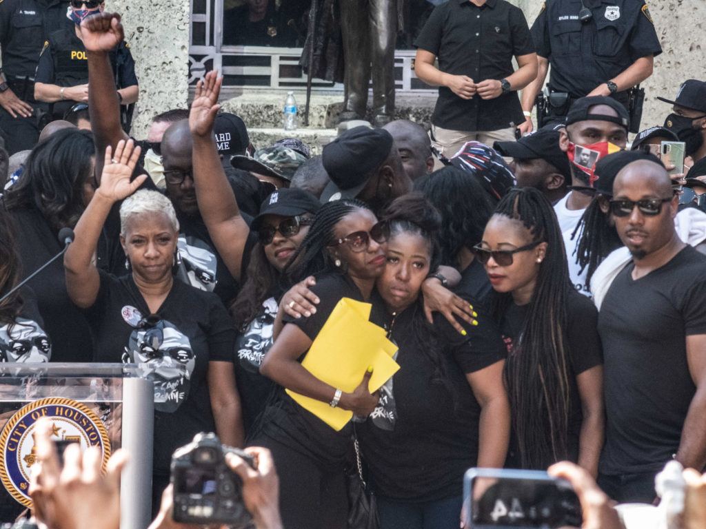 Sixteen members of the George Floyd family were introduced on stage after the Houston March For George Floyd ended up at Houston City Hall. (Photo by F. Carter Smith)