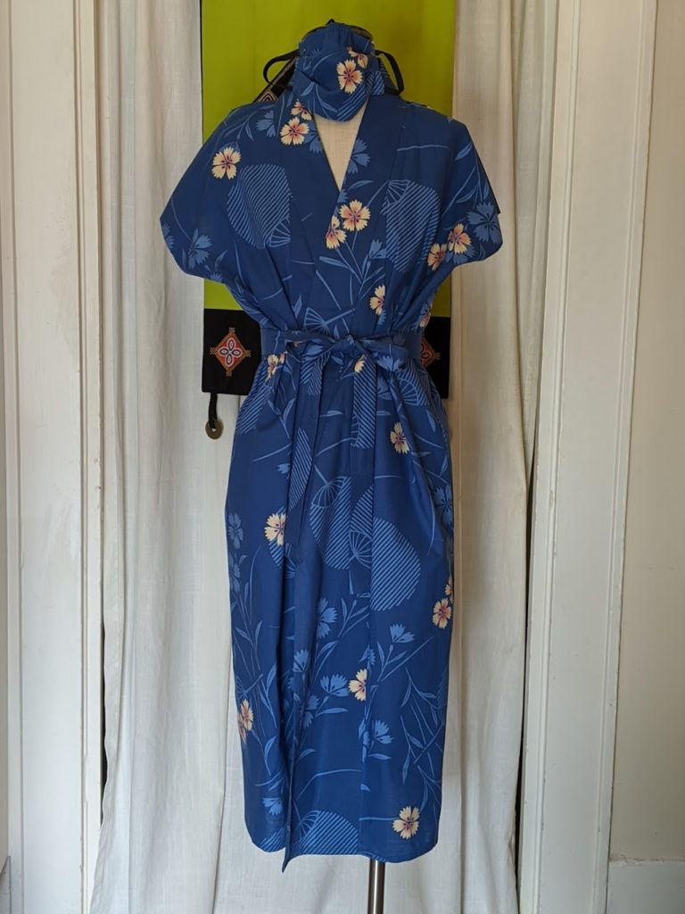 Kimono Zulu reimagined blue floral sleeveless yukata with matching mask and belt