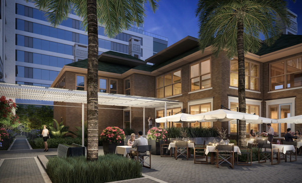 Al fresco dining at the refreshed La Colombe d'Or Hotel, reopening Fall 2020 in the heart of Montrose and the Houston Museum District. (Rendering courtesy of Munoz + Albin Architecture & Planning)