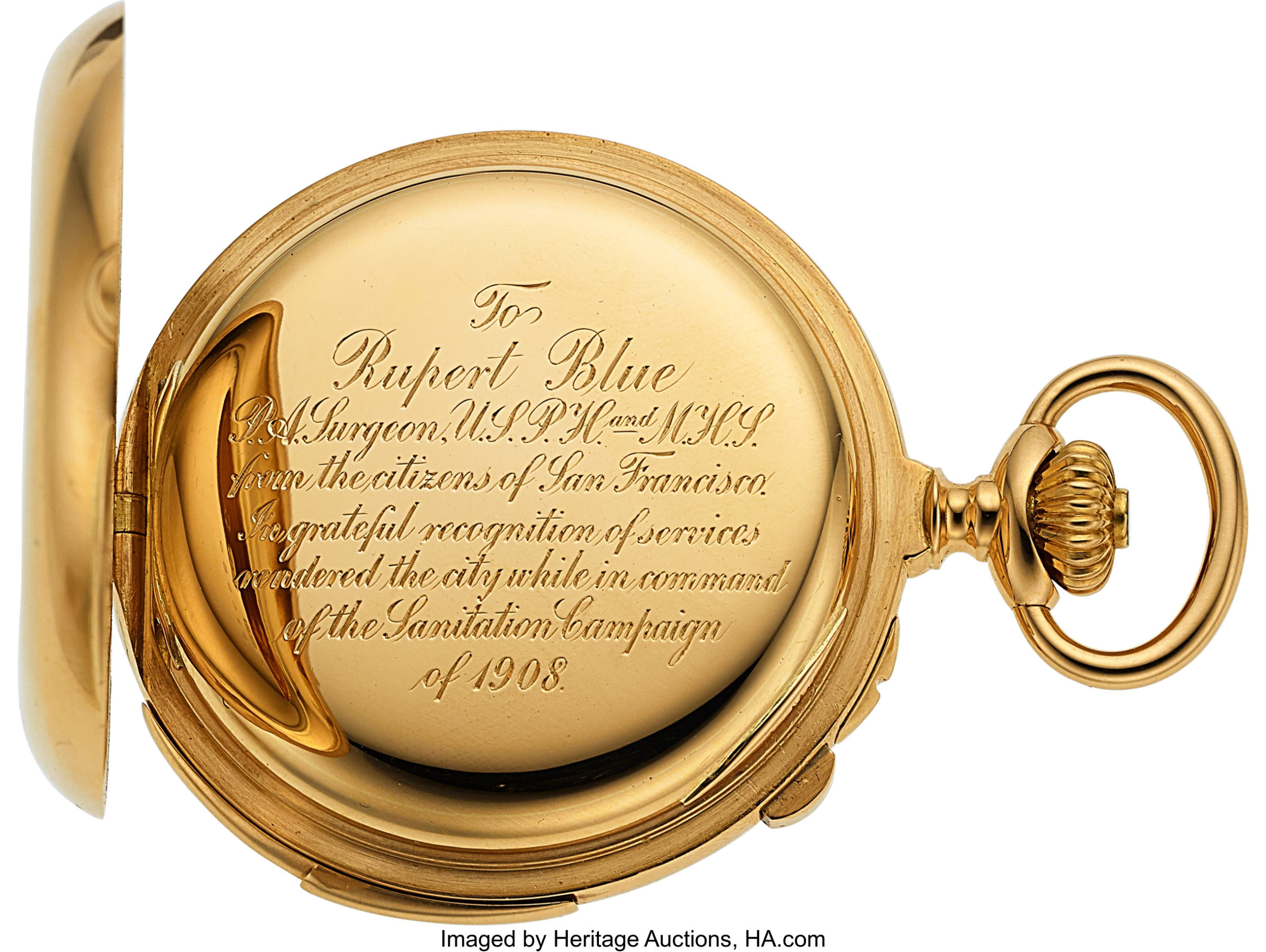 The 18K Patek Philippe pocket watch was a gift from the city of San Francisco to public health physician Rupert Blue for his service during multiple bubonic plague outbreaks there. Blue later became the United States Surgeon General. The inside dust cover is inscribed: “To Rupert Blue P.A. Surgeon, U.S.P.H. and M.H.S. from the citizens of San Francisco. In grateful recognition of services rendered the city while in command of the Sanitation Campaign of 1908.”