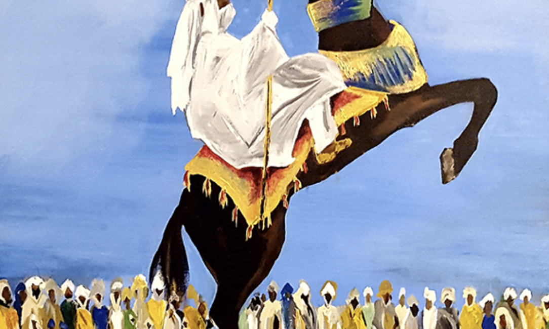 Adebayo Taiwo’s equestrian canvas speaks to the artist’s Nigerian heritage. (The Silos at Sawyer Yards, Studio 118)