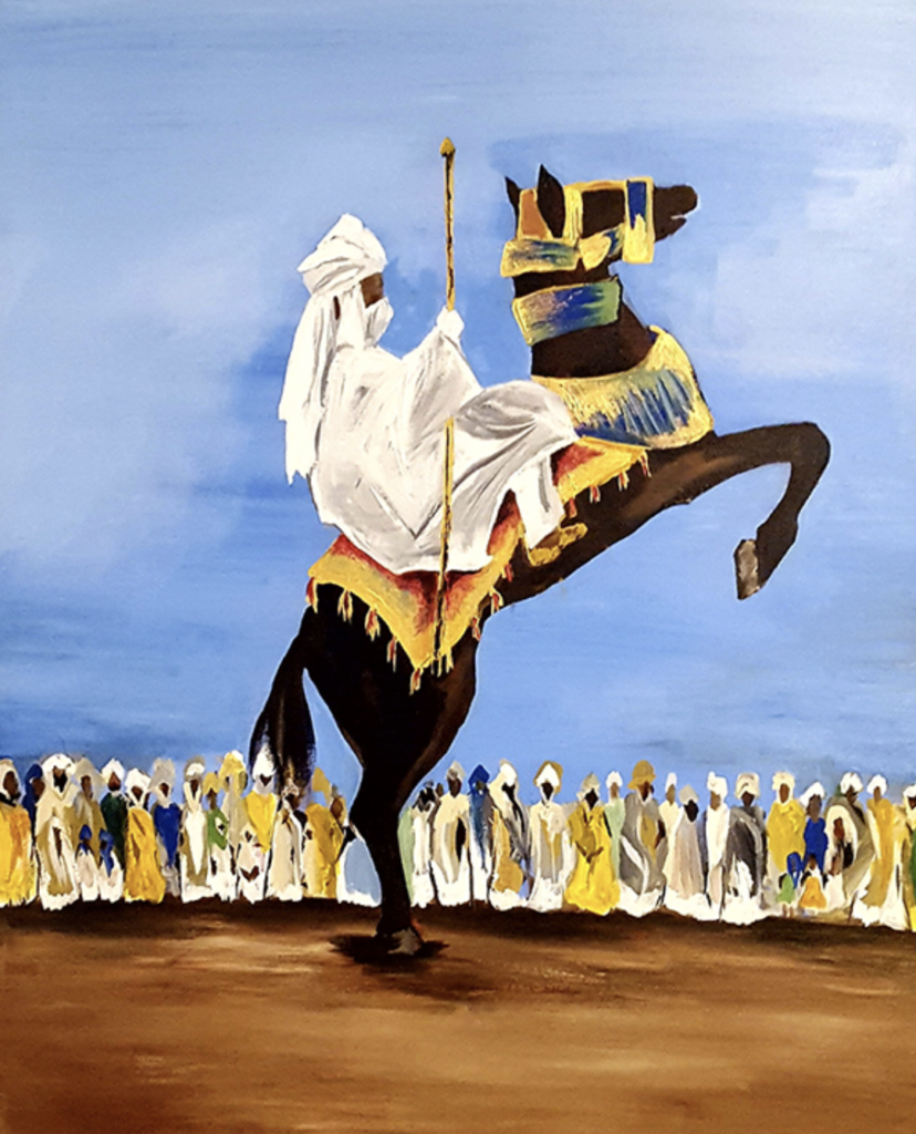 Adebayo Taiwo’s equestrian canvas speaks to the artist’s Nigerian heritage. (The Silos at Sawyer Yards, Studio 118)