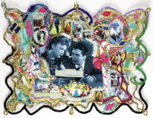 Stonewall activist, denizen of the East Village scene, and collagist supreme Thomas Lanigan-Schmidt’s “Placemat (Augustine, Student at Carthage),” 2006. (Courtesy the artist and Pavel Zoubok Fine Art, New York)