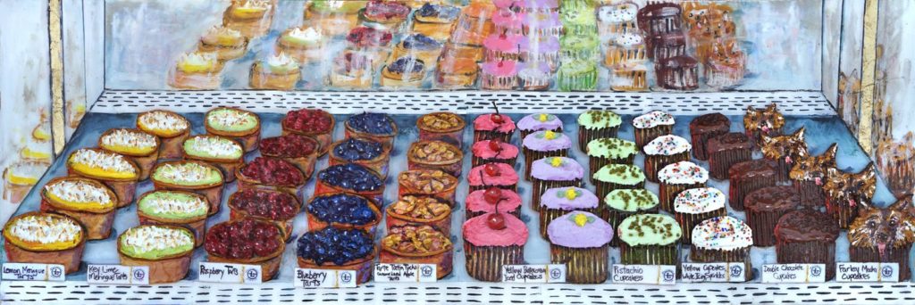 Diane Gelman's scrumptious tarts and cupcakes are painted with acrylic on board, and bear collage elements. The artist has a foodie background and is an accomplished  pastry chef.  (Photo courtesy the artist) 