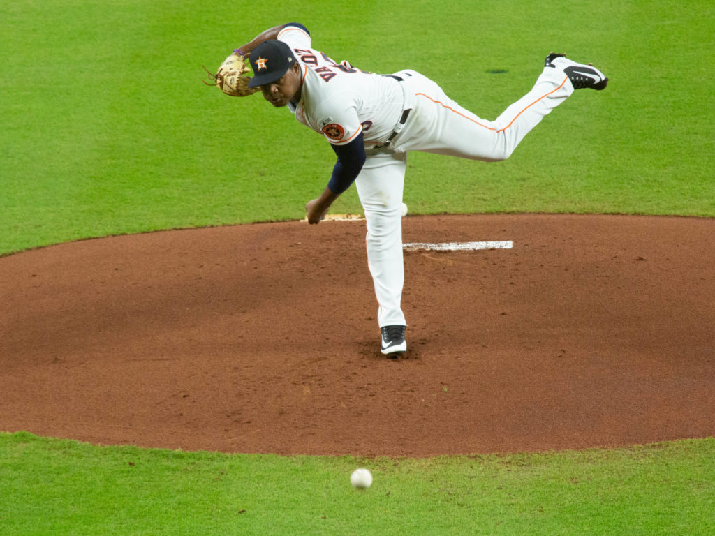 Framber Valdez tosses a pitch in the first inning in a rematch of the 2017 World Series at Minute Maid Park