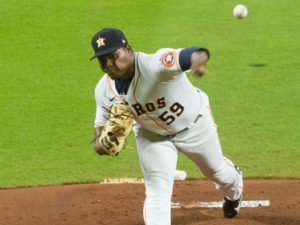 Framber Valdez tosses a pitch in the first inning in a rematch of the 2017 World Series at Minute Maid Park