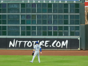 Los Angeles Dodgers left fielder AJ Pollock watches the homerun by Cartlos Correa land in the Crawford Boxes in a rematch of the 2017 World Series at Minute Maid Park.