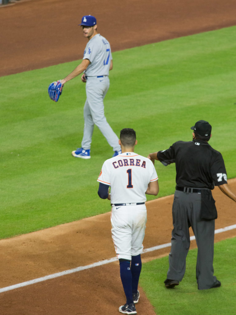 Dodgers reliever Joe Kelly and Carlos Correa had plenty to say to each other after a tension filled at-bat. (Photo by F. Carter Smith)