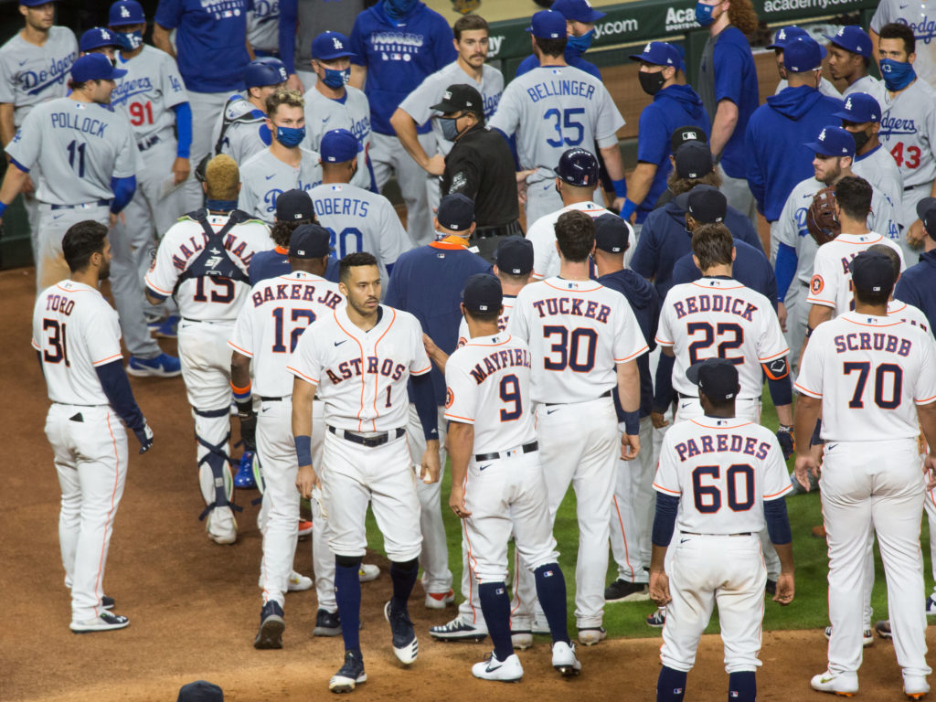 The Astros and Dodgers had plenty to say (and scream at each other) during the 2017 World Series rematch. (Photo by F. Carter Smith)