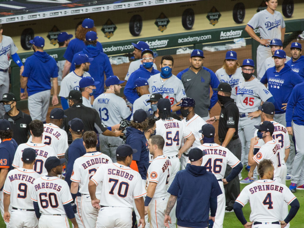 The Astros and Dodgers had a bench clearing dispute — somewhat social distancing style. (Photo by F. Carter Smith)