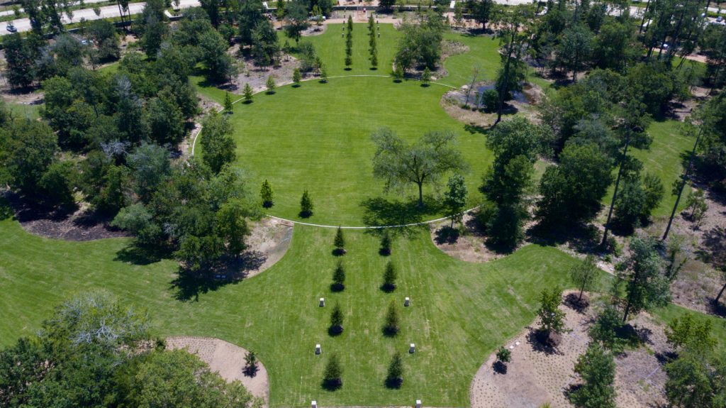 The Central Lawn of the Clay Family Eastern Glades is situated at the original entrance to Camp Logan. (Photo by Memorial Park Conservancy)