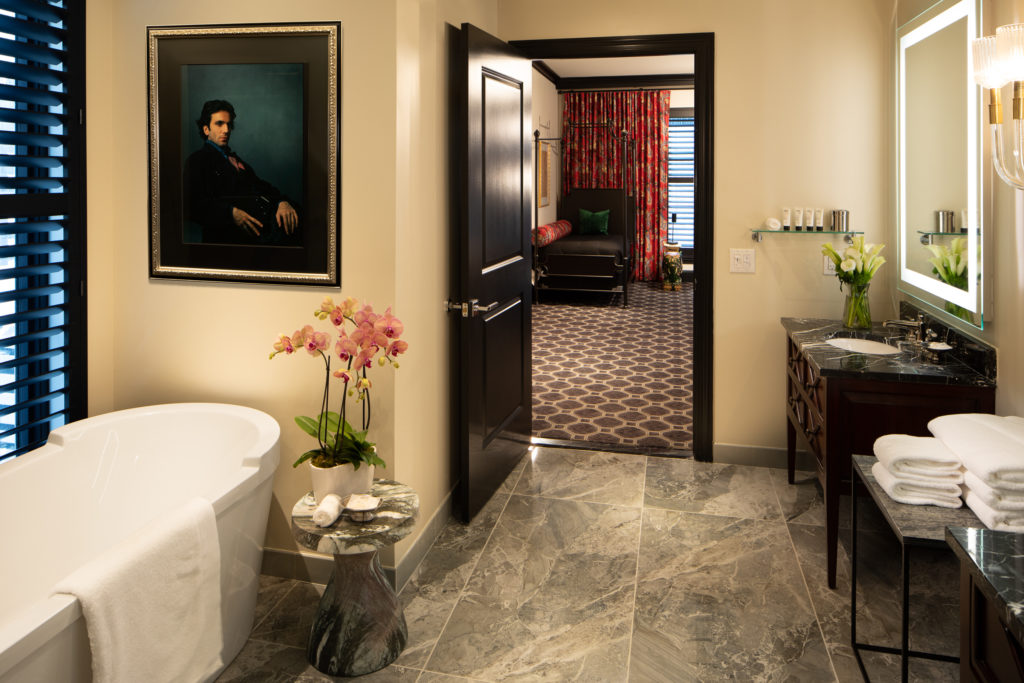The bath in the Oriental Express Suite at Hotel ZaZa Austin follows the Asian theme. (Photo by Ben Garrett)