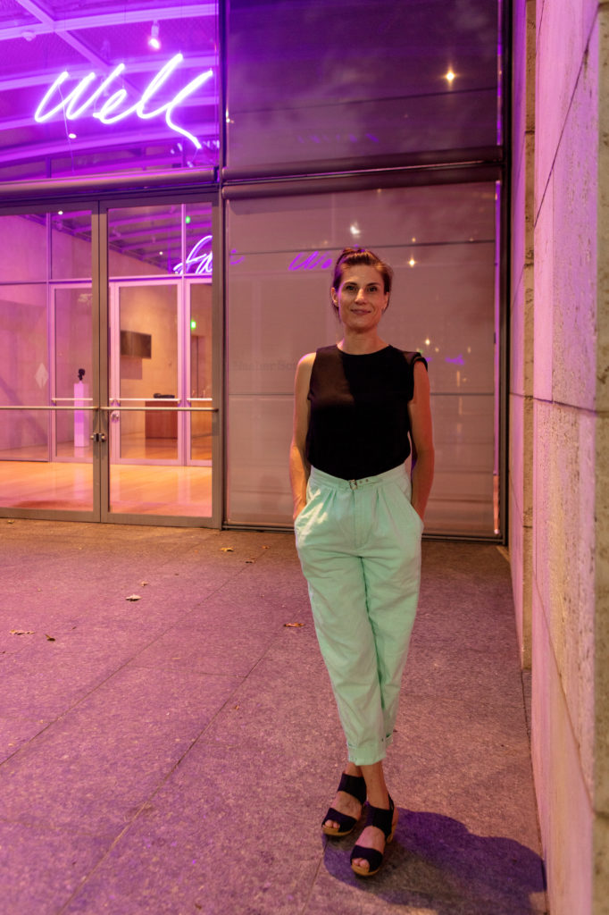 Visual artist Kristen Cochran in front of her Nasher Windows exhibition. (courtesy of The Nasher) 